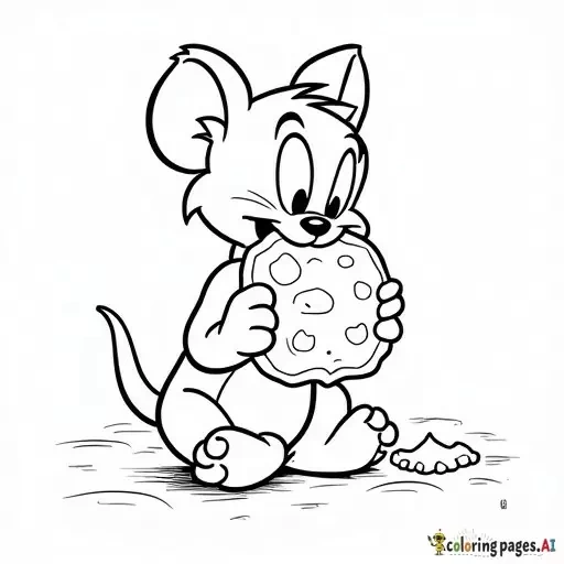 Jerry eating a big cookie: Jerry sits cross-legged, holding a giant cookie with both hands, taking a big bite, crumbs around his mouth. The cookie has a simple pattern like chocolate chips. Plain background.