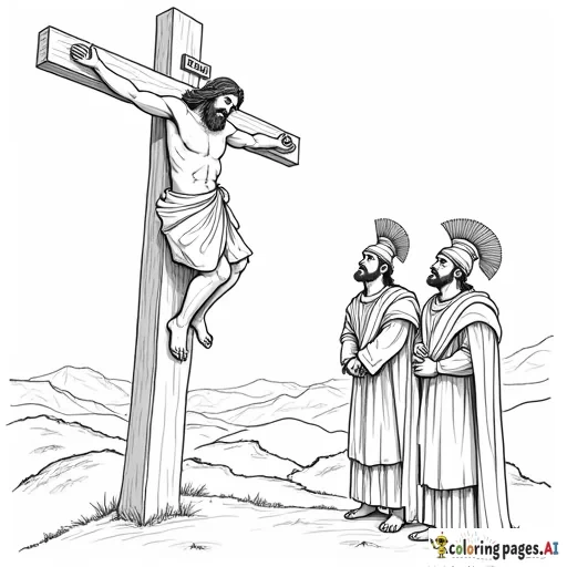 JESUS DYING ON THE CROSS WITH ROMAN SOLDIERS LOOKING UP AT HIM