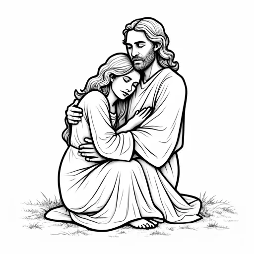 Jesus hugging a grieving lady. On a plain white backgroiund.