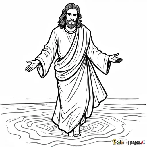 Jesus walking on water, children's coloring book style smiling