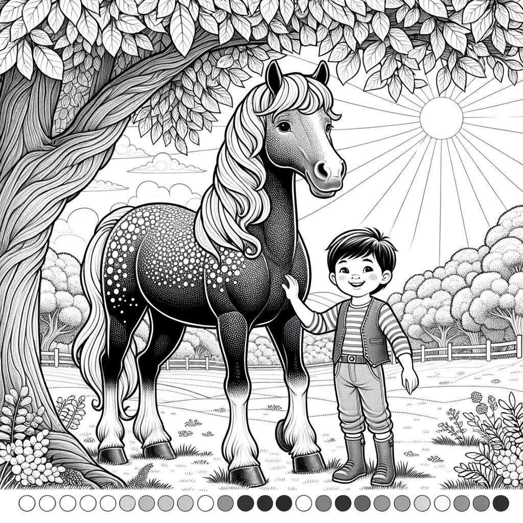 Horse coloring page with 5 years old kid on it