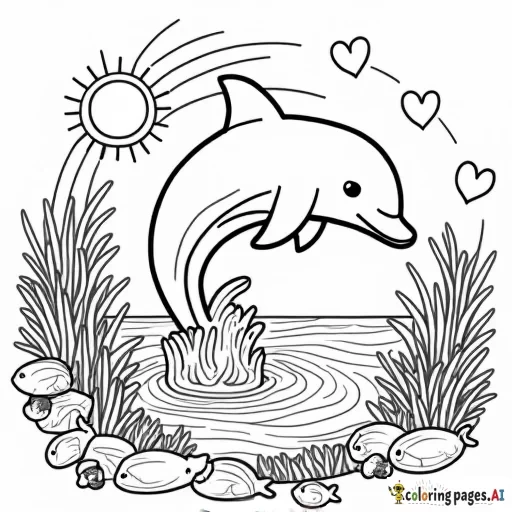 dolphin that is jumping out of the water, and there are fish and coral and hearts and there are rainbows and the sun behind the dolphin