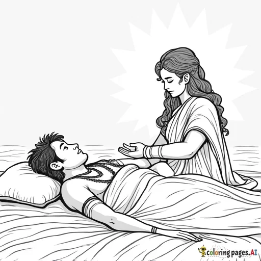 Katyayana sleeps peacefully in his bed. A luminous figure of Goddess Durga appears in his dream.