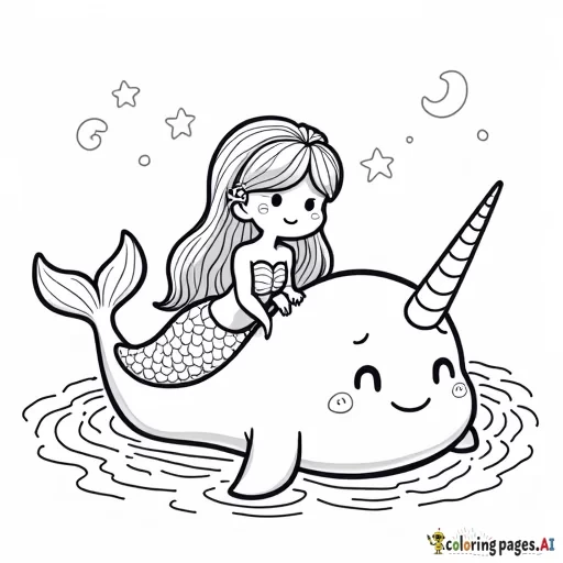 kawaii mermaid playing with a narwhal