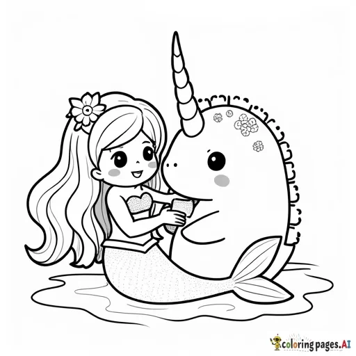kawaii mermaid playing with a narwhal, no grayscale