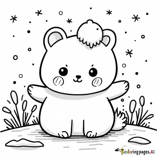 kawaii style animals, soft round characters, very simple line work, no shading, winter theme