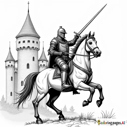 knight in full armor, castle behind him, really detailed, no grey zones, raising sword riding a horse, do a lot of details in the castle, also the knight and the horse, for adults