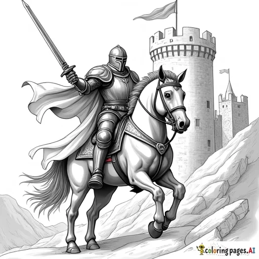 knight in full armor, castle behind him, really detailed, no grey zones, raising sword riding a horse, do a lot of details in the castle, also the knight and the horse, really detailed