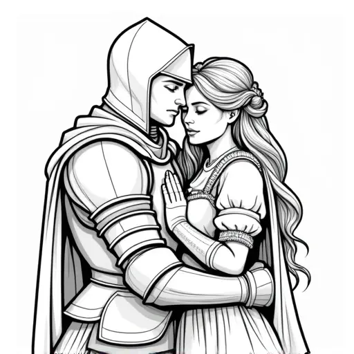 knight with maiden hugging - Free Printable Coloring Page