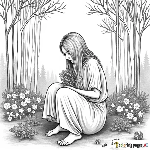 lady in a pine forest gathering herbs