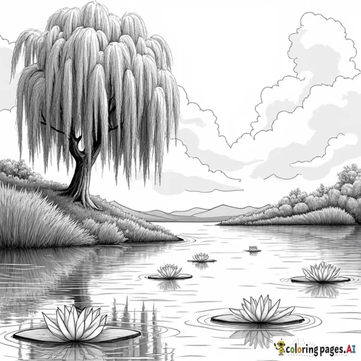 lake with weeping willow and water lilies