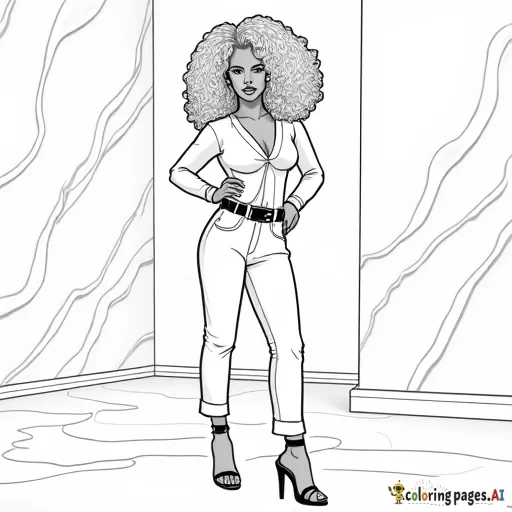 line art work coloring page  of a afro- samoan woman  with full lips broad nose in a abstract painted room spectacular pose  with an intricate 90's blonde hairstyle form fitting white belted top and  white pants   strapped heels Makeup is flawless fluffy lashes and full lips adorned with lipgloss no gray scale