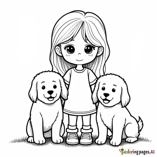 Little blonde girl with two big fluffy dogs