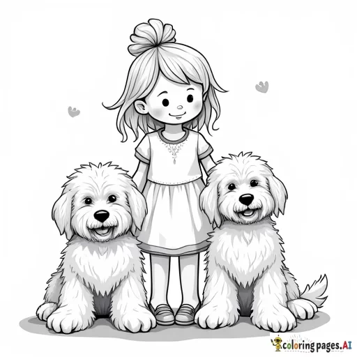 Little blonde girl with two big fluffy doodle dogs