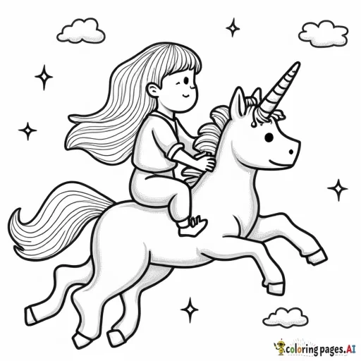 little girl named luci with bangs riding a kitty unicorn in the clouds