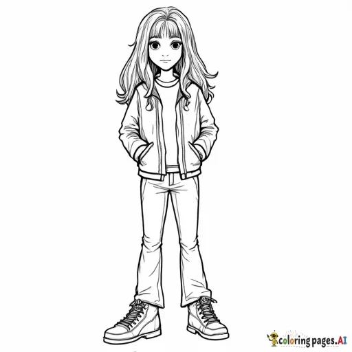 Little girl with long wavy hair down to her waist. She is wearing flared pants, sneakers, and a cool jacket