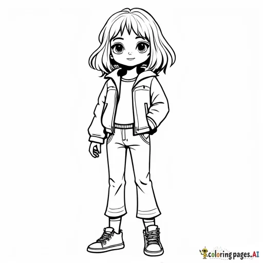 Little girl with waist-length wavy hair wearing flared pants, sneakers, and a cool jacket