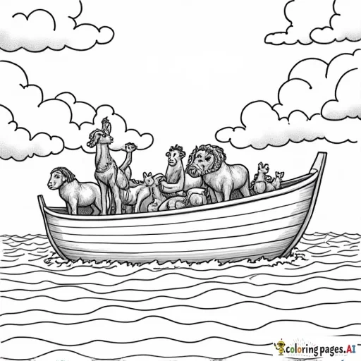 "GENESIS" with animals on an Ark on the ocean with mountains in the background