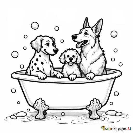 Luna (Dalmatian) is splashing water in the bathtub. Bella (Poodle) is carefully applying bubbles to her fur, and Rocky (German Shepherd) is trying to escape from the tub, his paws on the edge.