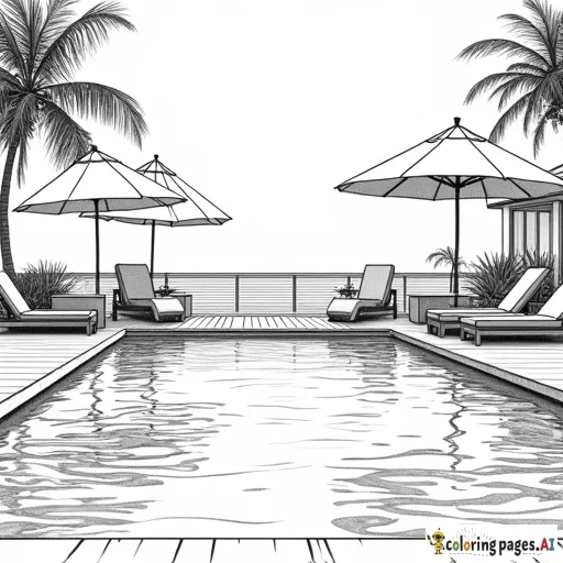 Luxury Resort Poolside - A resort-style pool scene with loungers, umbrellas, and a swim-up bar.