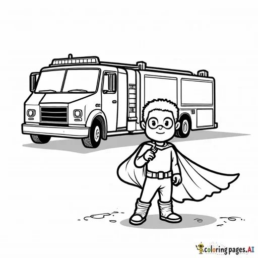 Superhero child in a cape checking off items on a check list on a pad he's holding with a large firetruck in the background