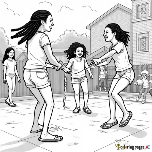 make everything and every person on the page white and outline everything else. make the generated image into a coloring page out of a book.make everything and every person on the page white and outline everything else. make the generated image look like a page out of a coloring book. Summer fun A summer scene unfolds in front of a brick building, where a group of Black individuals creates a lively, heartwarming moment. Three girls, aged 13-15, are immersed in a game of double dutch. Two of them stand at either end of two ropes, their hands moving rhythmically as they turn the ropes in opposite directions. The third girl, barefoot and mid-jump, has placed her flip-flops neatly on the ground beside her. Her laughter fills the air, and her locs bounce as she moves with practiced ease. Her thick eyebrows, full eyelashes, and warm smile radiate joy.  Nearby, five onlookers—all Black—watch with interest. Two adults cheer enthusiastically, encouraging the girls, while a child claps along to the rhythm of the ropes. Further back, two boys and a girl walk past, one carrying a ball, while another person strolls in the distance.  An ice cream truck with the words "The African American Experience" painted on its side is parked on the street, adding a nostalgic touch to the scene. A portable radio rests on the ground, softly playing music that sets the pace for the double dutch game. Two adults, both with braided hairstyles, stand to the side in quiet conversation.  This moment, framed by the beauty of Black culture and community, captures the essence of a carefree summer afternoon shared with laughter, connection, and joy. no distorted faces. african american community. remove color.