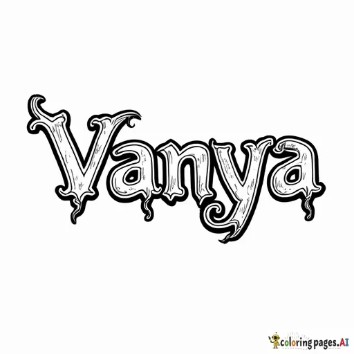 MAKE THE A COLOURING PAGE Of the text vanya, in classic line drawing style