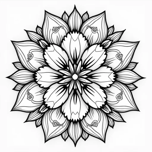 "Mandala design inspired by the lotus flower, with large, detailed petals unfolding around a central point. Each petal is finely detailed with thin veins and delicate lines, surrounded by symmetrical geometric shapes. The outer circle of the mandala is filled with soft, flowing patterns of smaller blossoms, leaves, and organic shapes. The design is symmetrical, intricate, and serene, ideal for a relaxing adult coloring experience."
