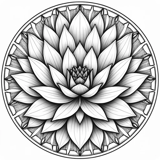 "Mandala design inspired by the lotus flower, with large, detailed petals unfolding around a central point. Each petal is finely detailed with thin veins and delicate lines, surrounded by symmetrical geometric shapes. The outer circle of the mandala is filled with soft, flowing patterns of smaller blossoms, leaves, and organic shapes. The design is symmetrical, intricate, and serene, ideal for a relaxing adult coloring experience."
