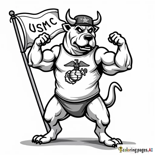 mean looking bull dog standing on hind legs flexing his muscles wearing a sleeveless shirt  with eagle globe and anchor, with a tattered flag flying behind that has usmc on it and no horns wearning hat saying USMC in mean looking letters