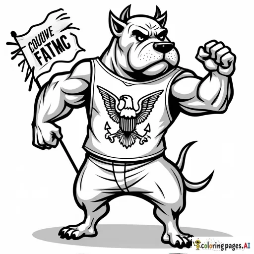 mean looking bull dog standing on hind legs flexing his muscles wearing a sleeveless shirt  with eagle globe and anchor, with a tattered flag flying behind that has usmc on it and no horns
