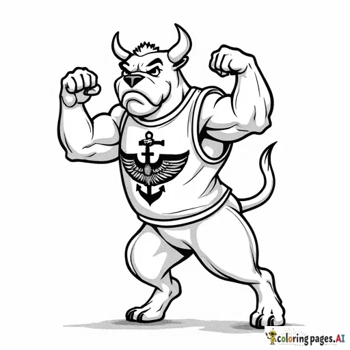 mean looking bull dog standing on hind legs flexing his muscles wearing a sleeveless shirt  with eagle globe and anchor, with a glag flying behind that has usmc on it