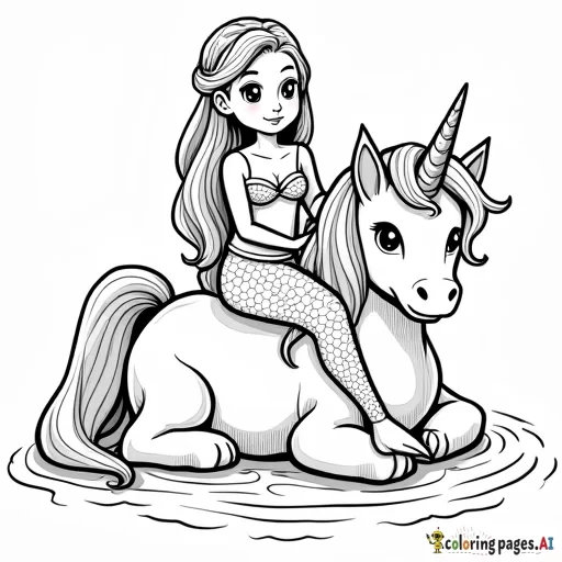 mermaid side sitting on unicorn with puppy