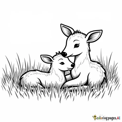 Mom and baby deer curled up in grass