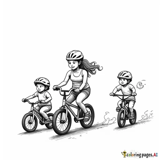 Mom with a 8 year old girl, a 6 year old boy and a 4 year old boy riding bikes