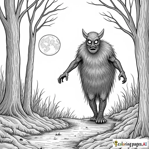 Mothman in the woods with detailed full moon in the background