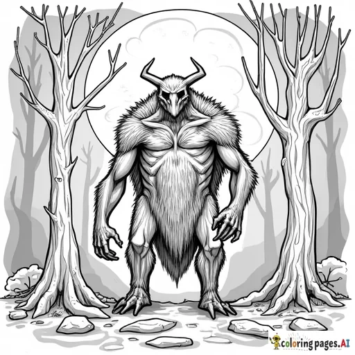 Mothman in the woods with detailed full moon in the background