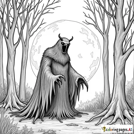 Mothman in the woods with detailed full moon in the background