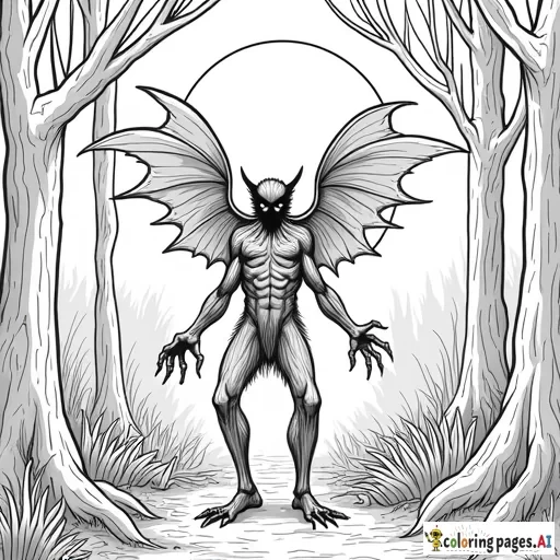Mothman in the woods with full moon in the background