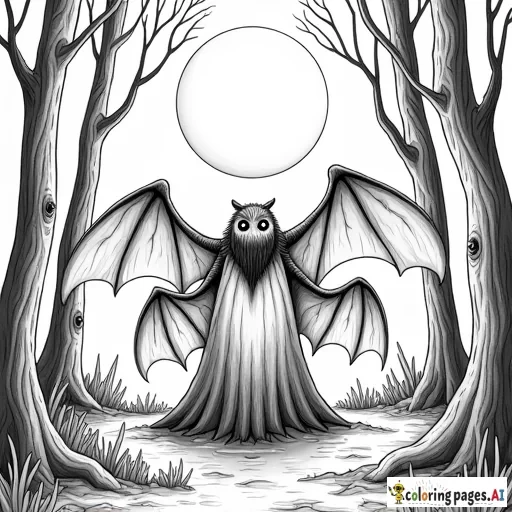 Mothman in the woods with full moon in the background