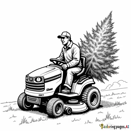 no background man on a zero turn lawn mower with a christmas tree being driven home