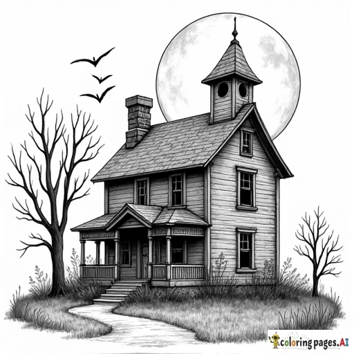 old dilapidated haunted house  hay witch large full moon