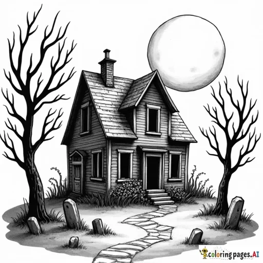old dilapidated haunted house trees graves large full moon