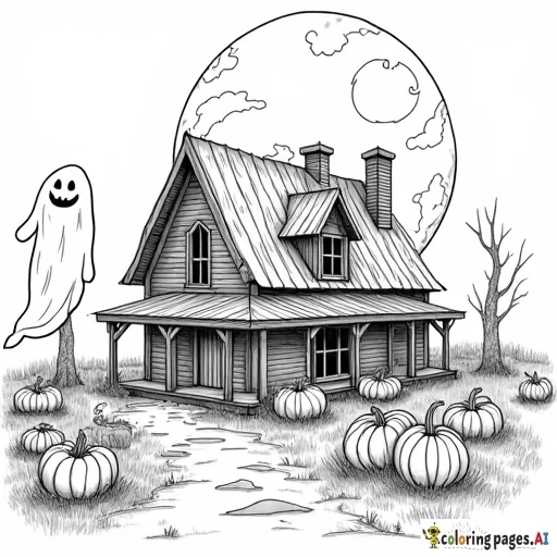 old dilapidated house ghost pumpkin patch hay witch large full moon