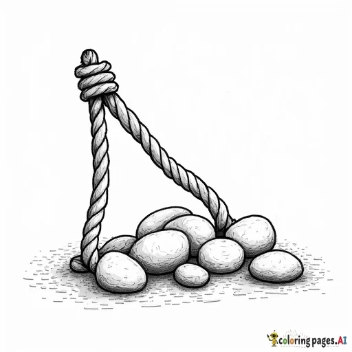 old fashioned rope sling shot, five stones, simple line drawing, no shading
