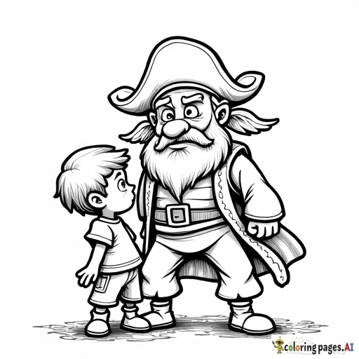 Old Pirate trying to still from a little boy. full body. Cartoon style.
