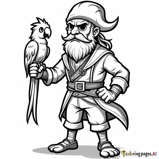 Old pirates  with a parrot.  Angry face. Full body. Cartoon style