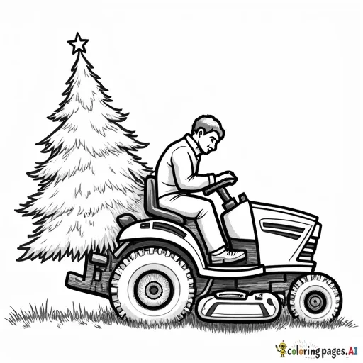 olutline of man on a zero turn lawn mower with a christmas tree being driven home