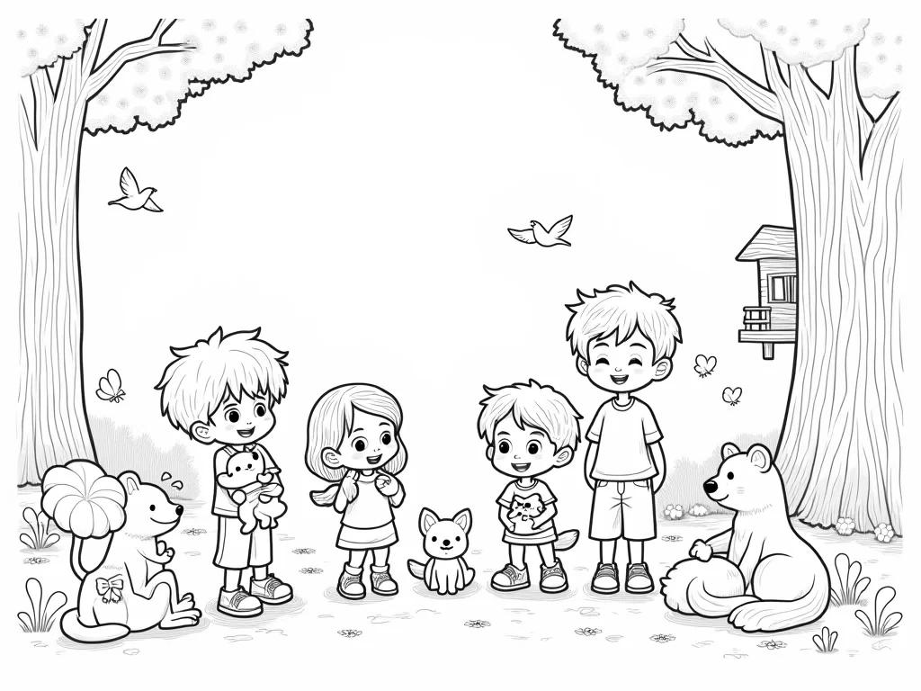 A group of cheerful kids is playing in a magical forest with their animal friends. A little boy is happily hugging a fluffy bunny, while a girl is holding a cute baby fox. Another child is sitting next to a friendly bear cub, laughing as the cub tries to catch butterflies. In the background, a tall tree with a treehouse peeks out, and a few playful birds are flying overhead. There’s also a puppy wagging its tail, and a kitten curled up next to the kids. The scene is filled with joy, friendship, and nature, with large areas for kids to color the animals, trees, and sky.