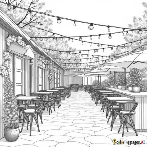 outdoor christmas cafe with lights, tables and chairs with decorations